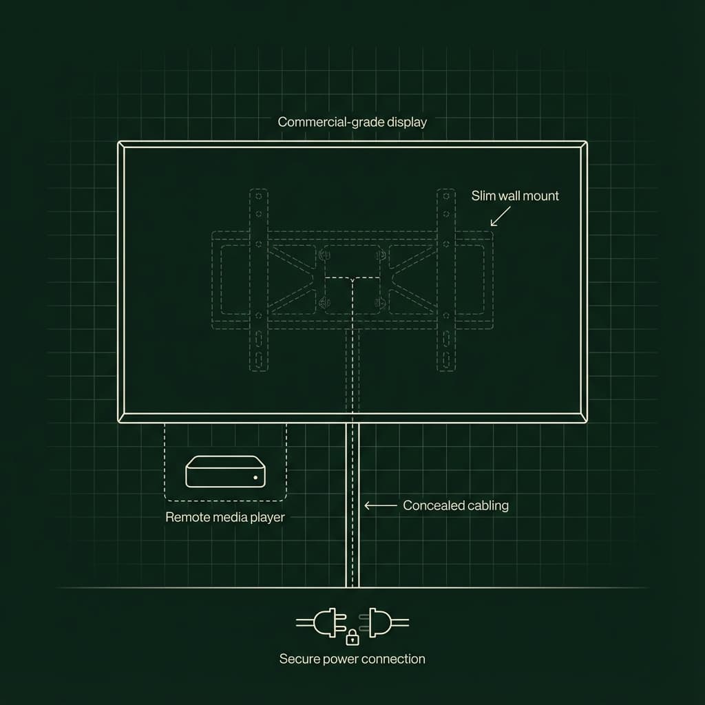 Technical blueprint showing screen placement, sightlines, media box and power supply